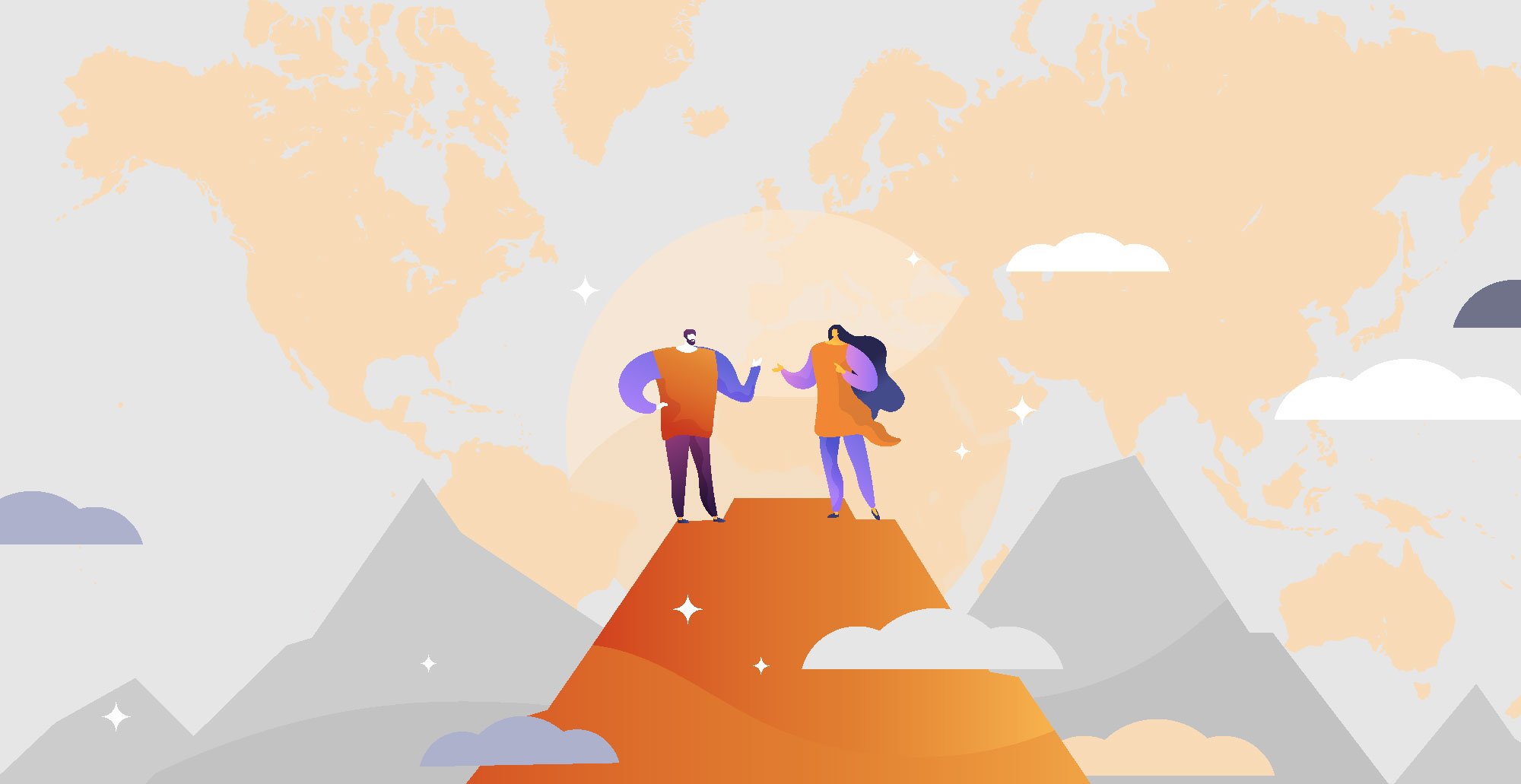 Two people talking to each other on a mountain top